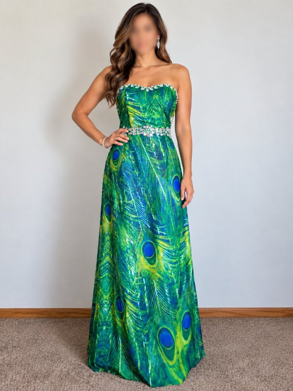 Angel Fashions Peacock Feather Print Strapless Rhinestone Dress - Size L